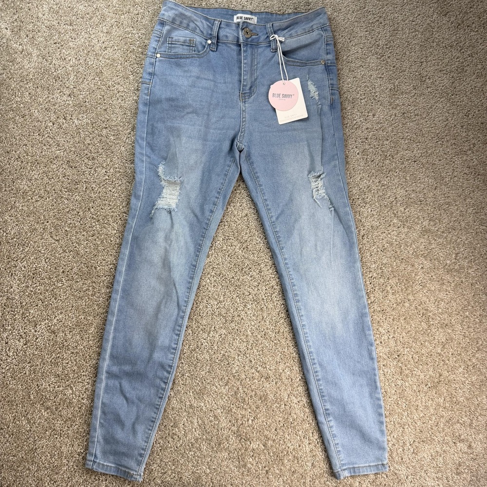 Blue Savvy Skinny Jeans Juniors 3/26 Light Wash Blue Distressed Stretch Denim